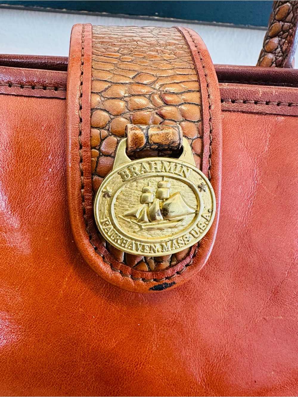Vintage Brahmin Two-Tone Burnt Orange and Cognac Croc-Trim Satchel - Picture 2 of 16